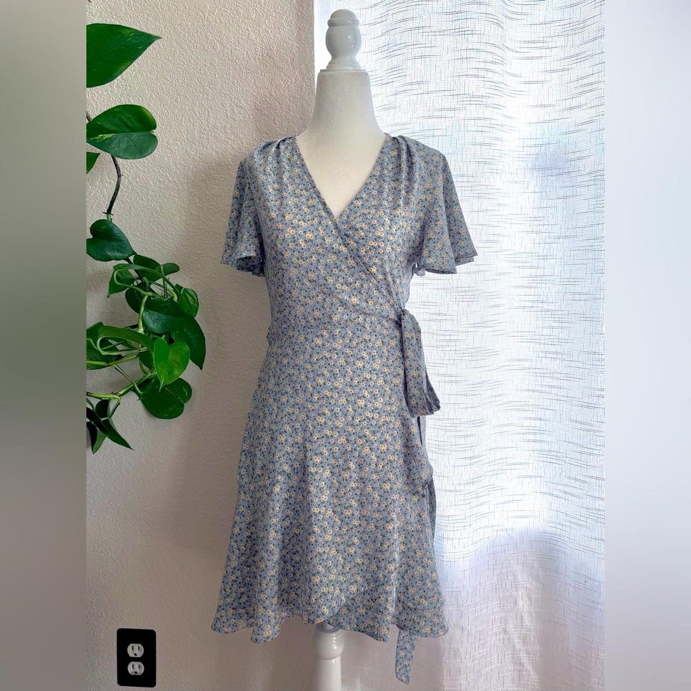 Light Blue and Yellow Floral Wrap Mini Dress